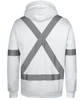 A white fleece hoodie featuring reflective tape in an X design on the back. The hoodie has a hood and long sleeves.