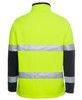 A high-visibility softshell jacket in bright fluorescent yellow with navy sleeves and reflective strips, featuring a logo.
