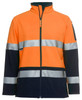 A softshell jacket featuring an orange upper body and black lower section, with reflective silver bands and a logo.