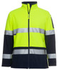 High-visibility softshell jacket in yellow and navy with reflective strips and a logo. Suitable for workwear.
