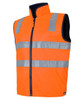 An orange safety vest featuring reflective strips, designed for visibility and uniform use. Includes a logo on the fabric.