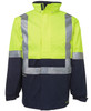 Lime and navy work jacket featuring reflective strips and a collar, designed for visibility and safety.