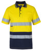A high-visibility yellow and navy polo shirt with reflective strips and a pocket, featuring branding.