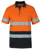 An orange and black striped short-sleeve cotton polo shirt with reflective strips and a chest pocket.