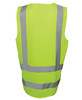 A bright lime work vest with reflective grey stripes and a simple design, featuring a logo on the back.