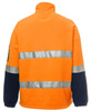 A bright orange polar fleece jacket with reflective stripes and navy blue sleeves, featuring a logo on the sleeve.