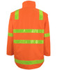 A bright orange jacket with reflective green stripes, featuring a collar and a zip-off sleeve design.