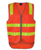 An orange safety vest with reflective yellow strips and a front zipper, featuring a logo.