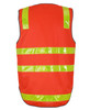 An orange safety vest featuring reflective yellow stripes, designed for visibility and safety in work environments.