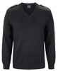 A black knitted jumper featuring a V-neck and epaulettes on the shoulders. It includes a logo on the label.