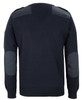 A navy knitted jumper featuring dark shoulder patches and elbow details, complemented by a small logo.