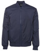 A navy blue bomber jacket featuring a zip front and a pocket on the sleeve. It has a ribbed hem and cuffs.