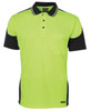 A bright lime green and black polo shirt with contrast piping and a front pocket, featuring a logo.