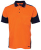 An orange and navy polo shirt featuring contrast piping and a front pocket. It has a logo.