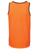 An orange work singlet with a contrasting black trim, featuring a logo. The back design is simple and smooth.