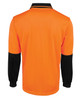 An orange and black long-sleeve polo shirt featuring a collar and contrasting sleeve details, with a logo present.