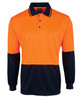 An orange and navy long-sleeve polo shirt featuring a pocket and a logo.