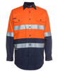 An orange and navy long-sleeve work shirt featuring reflective strips and a logo.