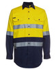 A long-sleeve work shirt featuring yellow and navy blue colours with reflective stripes and a logo.