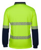 A long-sleeved polo shirt in high visibility yellow with navy blue sleeves and reflective stripes. It has a logo on it.