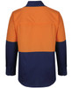 A long-sleeve ripstop fishing shirt featuring orange and navy colours, with a logo on the back.