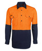 High-visibility long sleeve work shirt in orange and navy, featuring two front pockets and a branding logo.