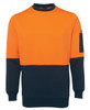 An orange and navy work jumper featuring a pocket and a logo on the sleeve.