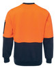A work jumper featuring a bright orange upper section and a navy lower section, with a logo on the sleeve.