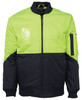 A hi-vis flying jacket in bright yellow and navy, featuring a zip front and multiple pockets. It has a logo branding.