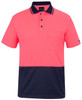 A pink and navy work polo shirt with a collar and a chest pocket. It features a branding logo.