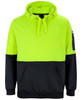 A high-visibility hoodie in bright yellow and black, featuring a front pocket and a branding logo.