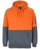 An orange and grey hoodie featuring a front pocket and a logo. Designed as workwear for comfort and durability.