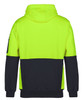 A high-visibility hoodie in bright yellow and black, featuring a hood and a logo on the sleeve.