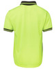 A back view of a short-sleeved, high-visibility yellow polo shirt with contrasting black details and a logo.