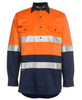 An orange and navy work shirt with long sleeves, featuring reflective stripes and front pockets, with a logo.