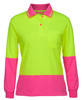 A long-sleeve polo shirt in lime green and hot pink, featuring a pocket and a logo.