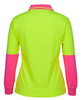 A lime green and pink long-sleeved polo shirt with a collar and contrasting sleeves, featuring a logo.