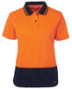 An orange and navy short-sleeve polo shirt with a collar and a front pocket, featuring a logo.
