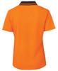 A short-sleeved women's polo shirt in vibrant orange with a black collar and contrasting stripes. It features a logo.