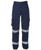 A pair of navy work pants with multiple pockets and reflective tape details. Features a logo on the product.