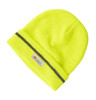 A lime green beanie with a reflective stripe and a logo, perfect for visibility and warmth.