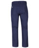 Navy stretch canvas trousers featuring two back pockets and a branded logo on the waistband.