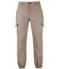 A pair of beige jogger cargo pants with multiple pockets and elastic cuffs. Features branding on the fabric.