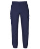 A pair of navy cargo pants with multiple pockets and elasticated cuffs. The product features a logo.