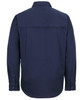 A navy long-sleeve work shirt with a close front design and a back yoke, featuring buttons on the cuffs.