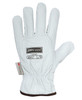 A white leather glove with a branded label, featuring five fingers and an elastic cuff.