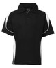 A black polo shirt with white side panels and a collar, featuring a branded logo.