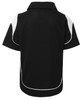 A black polo shirt with white accents and a collar, featuring a logo. The back view highlights its sporty design.