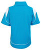 A polo shirt in bright blue with white accents and a logo on the back.