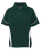 A green polo shirt with white detailing and a collar, featuring a logo.